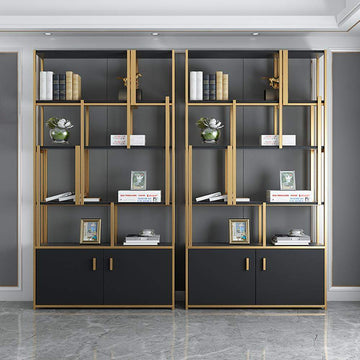 78" Luxury Standing Standard Bookshelf with Doors in Black & Gold-Bookcases & Bookshelves,Furniture,Office Furniture